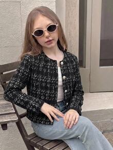 SHEIN 青少年女孩長款外套，長袖金屬鈕扣格紋，萬聖節、秋季、冬季、Y2K風格 - 黑色 - 查看 3