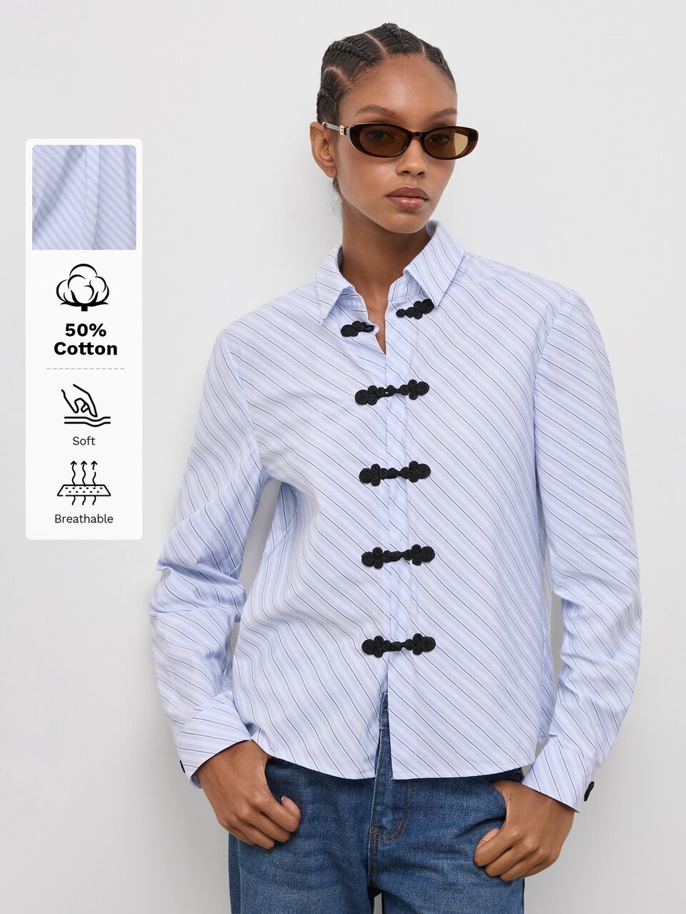 SHEIN Maija Women's Casual Commute Striped Frog Button Shirt,Going Out Outfits, Work Outfits For Women,Fall Clothes