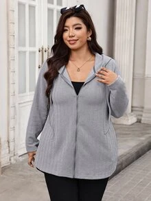 SHEIN LUNE 大尺碼女款人字紋長袖拉鍊抽繩連帽外套 秋季 - 灰色 - 查看 4