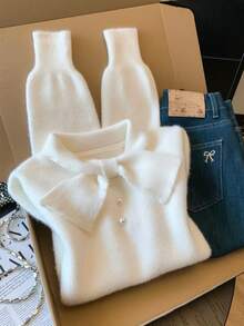 SHEIN 女童純色針織繫帶領立領休閒秋季毛衣 - 白色 - 查看 1