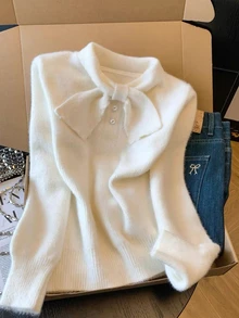 SHEIN 女童純色針織繫帶領立領休閒秋季毛衣 - 白色 - 查看 2