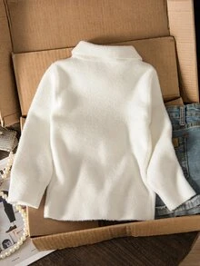 SHEIN 女童純色針織繫帶領立領休閒秋季毛衣 - 白色 - 查看 6