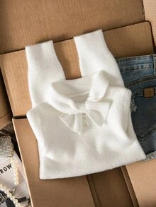 SHEIN 女童純色針織繫帶領立領休閒秋季毛衣 - 白色 - 查看 5