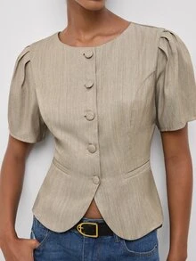 Maija Women's Solid Color Single-Breasted Short Petal Sleeve Casual Blazer,Going Out Outfits, Work Outfits For Women,Fall Clothes - Khaki - View 5