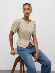 Maija Women's Solid Color Single-Breasted Short Petal Sleeve Casual Blazer,Going Out Outfits, Work Outfits For Women,Fall Clothes - Khaki - View 6