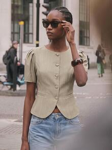 Maija Women's Solid Color Single-Breasted Short Petal Sleeve Casual Blazer,Going Out Outfits, Work Outfits For Women,Fall Clothes - Khaki - View 1