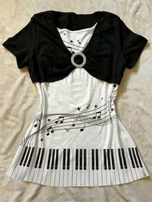 IslaSuriya Women's 2pcs Summer Y2K Cute Retro Quirky Black White Music Note Piano Key Graphic Print Rhinestone Shrug And Tank Top Set Going Out Clothes - Multicolor - View 3
