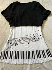 IslaSuriya Women's 2pcs Summer Y2K Cute Retro Quirky Black White Music Note Piano Key Graphic Print Rhinestone Shrug And Tank Top Set Going Out Clothes - Multicolor - View 2