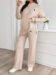 SHEIN Maternity Solid Color Side Slit Sweater & Knit Pants Set Winter - Apricot - View 4