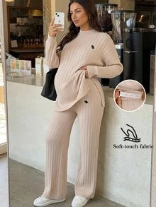 SHEIN Maternity Solid Color Side Slit Sweater & Knit Pants Set Winter - Apricot - View 1