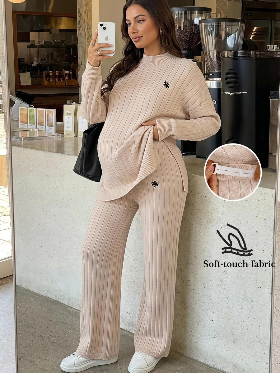 SHEIN Maternity Solid Color Side Slit Sweater & Knit Pants Set Winter - Apricot - View 1
