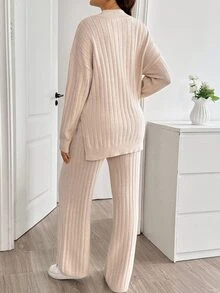 SHEIN Maternity Solid Color Side Slit Sweater & Knit Pants Set Winter - Apricot - View 2