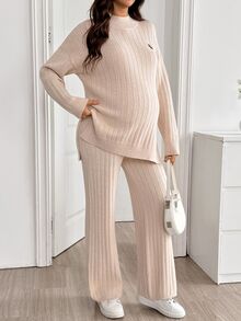 SHEIN Maternity Solid Color Side Slit Sweater & Knit Pants Set Winter - Apricot - View 3