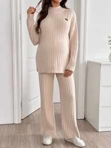 SHEIN Maternity Solid Color Side Slit Sweater & Knit Pants Set Winter - Apricot - View 5