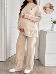 SHEIN Maternity Solid Color Side Slit Sweater & Knit Pants Set Winter - Apricot - View 7