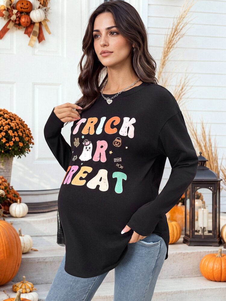 SHEIN Halloween, Maternity Halloween Slogan Print T-Shirt, T-Shirt With A Ghost Print Pattern, Autumn - Black - View 3