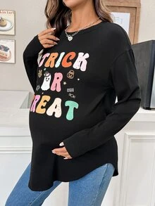 SHEIN 萬聖節孕婦萬聖節標語印花T恤，幽靈印花圖案T恤，秋季 - 黑色 - 查看 8
