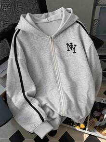 青少年女孩灰色字母條紋運動衫夾克休閒街頭風日常百搭 - 灰色 - 查看 1