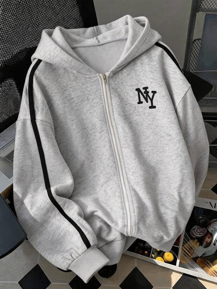 青少年女孩灰色字母條紋運動衫夾克休閒街頭風日常百搭 - 灰色 - 查看 1