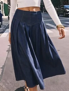 Maija Women's Pleated Design Elegant Commuter Skirt,Going Out Outfits, Work Outfits For Women,Fall Clothes - Dark Wash - View 1