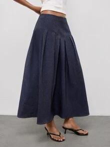 Maija Women's Pleated Design Elegant Commuter Skirt,Going Out Outfits, Work Outfits For Women,Fall Clothes - Dark Wash - View 3