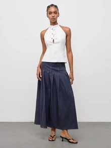Maija Women's Pleated Design Elegant Commuter Skirt,Going Out Outfits, Work Outfits For Women,Fall Clothes - Dark Wash - View 6
