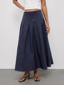 Maija Women's Pleated Design Elegant Commuter Skirt,Going Out Outfits, Work Outfits For Women,Fall Clothes - Dark Wash - View 7