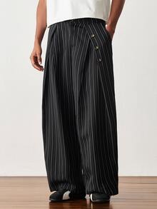 ESTAVOR Men's Striped Loose Casual Pants With Button Decor, Versatile - Black - View 2