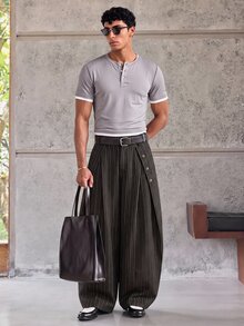 ESTAVOR Men's Striped Loose Casual Pants With Button Decor, Versatile - Black - View 1