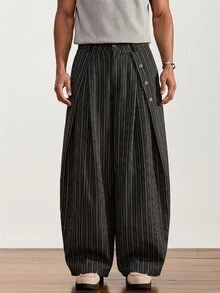 ESTAVOR Men's Striped Loose Casual Pants With Button Decor, Versatile - Black - View 8