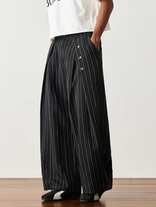 ESTAVOR Men's Striped Loose Casual Pants With Button Decor, Versatile - Black - View 5