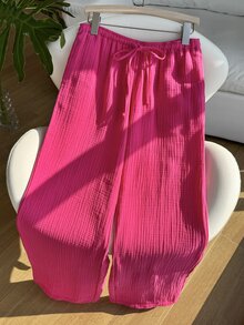 Comfortcana Women's Casual Everyday Commute Vacation Minimalist Solid Color Textured Fabric Drawstring Waist Wide Leg Pants - Hot Pink - View 5