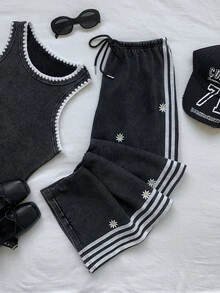 Comfortcana 女款雛菊刺繡側條紋抽繩腰休閒運動長褲 - 黑色 - 查看 7