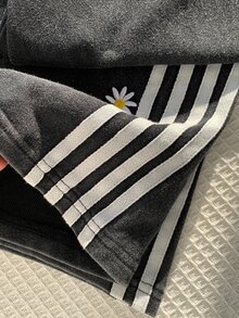 Comfortcana 女款雛菊刺繡側條紋抽繩腰休閒運動長褲 - 黑色 - 查看 9