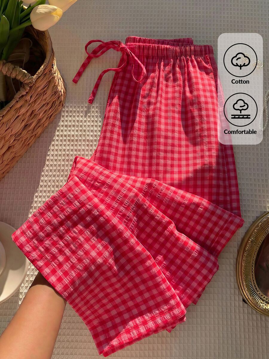 Comfortcana 女款格紋印花休閒長褲,夏季海灘度假、Y2K時尚節慶褲,舒適鄉村風 - 玫紅色 - 查看 1