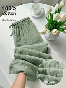 Comfortcana 女款純色打結休閒寬腿長褲 100%棉 夏日居家鼠尾草綠 - 薄荷綠 - 查看 2
