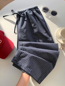 Comfortcana 2026新款春夏时尚女式格子抽绳宽松裤，适合夏季度假，女士沙滩裤，2000年代风格 - 藏蓝色 - 查看 8