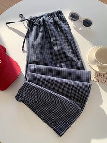 Comfortcana 2026新款春夏时尚女式格子抽绳宽松裤，适合夏季度假，女士沙滩裤，2000年代风格 - 藏蓝色 - 查看 4