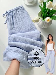 Comfortcana 夏季新款女款休閒基本款純色抽繩腰長褲，100%棉衣著下裝，工裝居家休閒上班淺藍色 - 藍色 - 查看 2