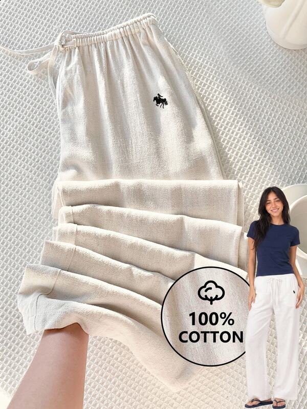 Comfortcana White Casual Basic Women's Elastic Waist Drawstring Straight Leg Loose Fit Pants, Versatile Daily Wear Lounge Summer