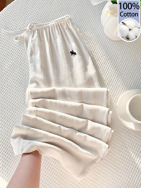 Comfortcana Quần nữ màu trắng, cạp chun, ống đứng, dáng rộng, có dây rút, thích hợp mặc hàng ngày.