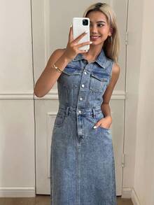 DAZY Women's Casual Denim Dress With Pockets For Daily Wear And Summer Outings - Blue - View 2