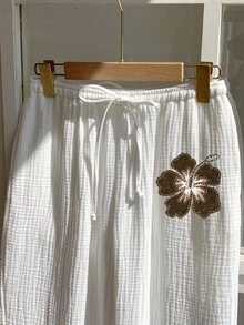 Comfortcana Women's White Drawstring Wide Leg Loose Pants, 100 Cotton Casual Beach Vacation Pants For Summer - Brown - View 7