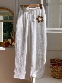 Comfortcana Women's White Drawstring Wide Leg Loose Pants, 100 Cotton Casual Beach Vacation Pants For Summer - Brown - View 6