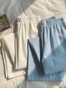 Comfortcana 2026春夏新款女士100%纯棉白色长裤搭配蓝色条纹长裤多件套，适合女士度假、复活节、圣帕特里克节、外出、派对、婚礼、毕业典礼、优雅、休闲、奢华、正式、情人节、狂欢节、海滩、假日、居家休闲、街头、大学等场合穿着。 - 彩色 - 查看 6
