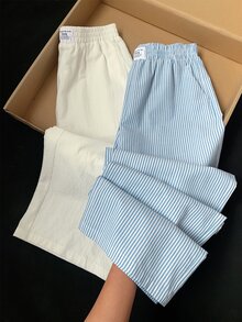 Comfortcana 2026春夏新款女士100%纯棉白色长裤搭配蓝色条纹长裤多件套，适合女士度假、复活节、圣帕特里克节、外出、派对、婚礼、毕业典礼、优雅、休闲、奢华、正式、情人节、狂欢节、海滩、假日、居家休闲、街头、大学等场合穿着。 - 彩色 - 查看 8