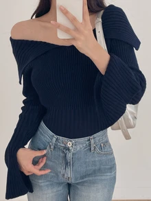 DAZY Solid Color Fitted Off-The-Shoulder Long Sleeve Split Hem Elegant Sexy Vacation Spring Autumn Knit Cardigan For Women - Navy Blue - View 2
