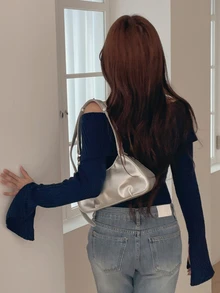 DAZY Solid Color Fitted Off-The-Shoulder Long Sleeve Split Hem Elegant Sexy Vacation Spring Autumn Knit Cardigan For Women - Navy Blue - View 6