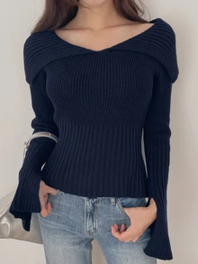DAZY Solid Color Fitted Off-The-Shoulder Long Sleeve Split Hem Elegant Sexy Vacation Spring Autumn Knit Cardigan For Women - Navy Blue - View 7