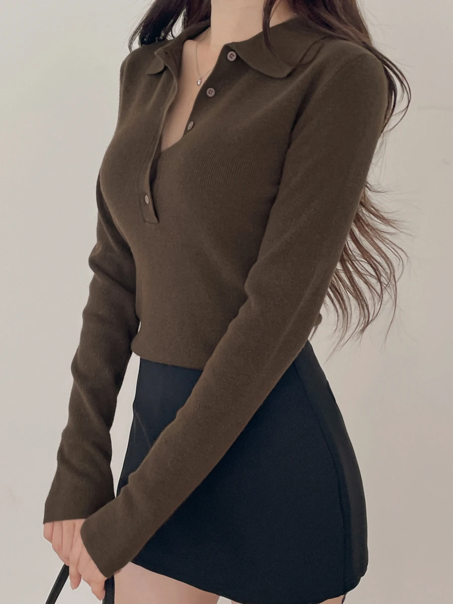 DAZY Women's Solid Color Slim Fit Polo Long Sleeve Casual Vacation Spring Autumn Pullover Knit Sweater - Brown - View 1